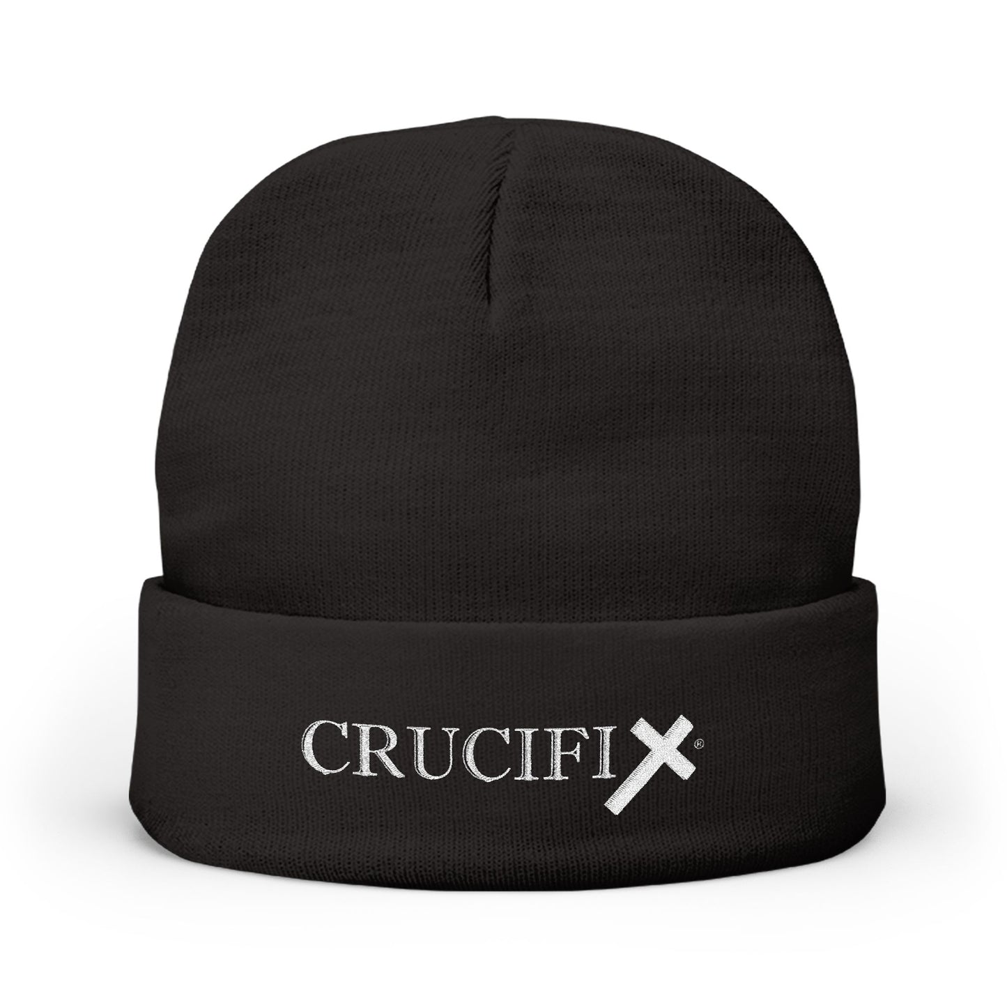 Christian embroidered beanie hat with Crucifix logo, cuffed knit winter cap