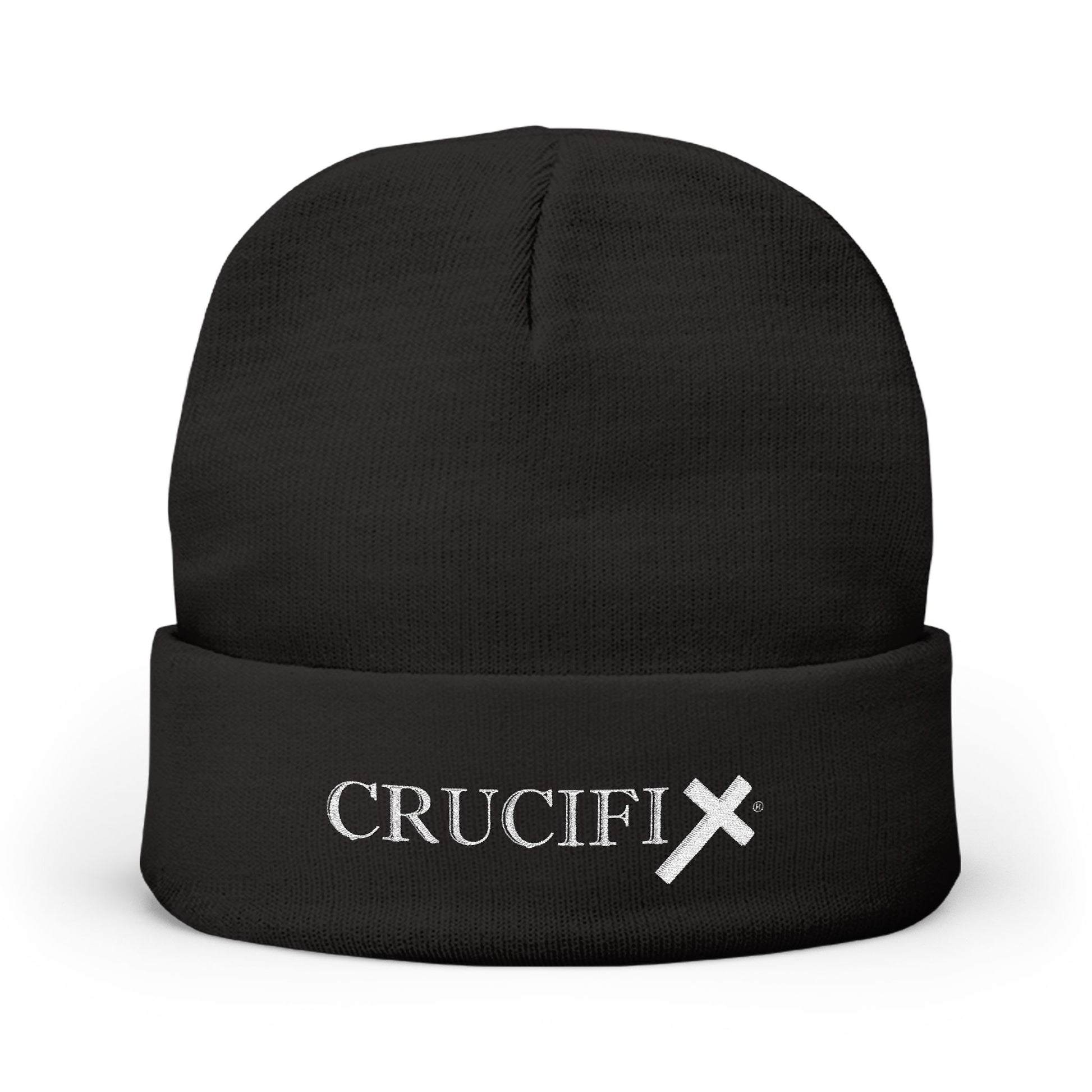 Christian embroidered beanie hat with Crucifix logo, cuffed knit winter cap