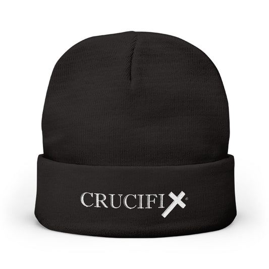 Christian embroidered beanie hat with Crucifix logo, cuffed knit winter cap