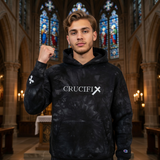 Dark charcoal tie-dye hoodie with embroidered Crucifix logo on chest and sleeve