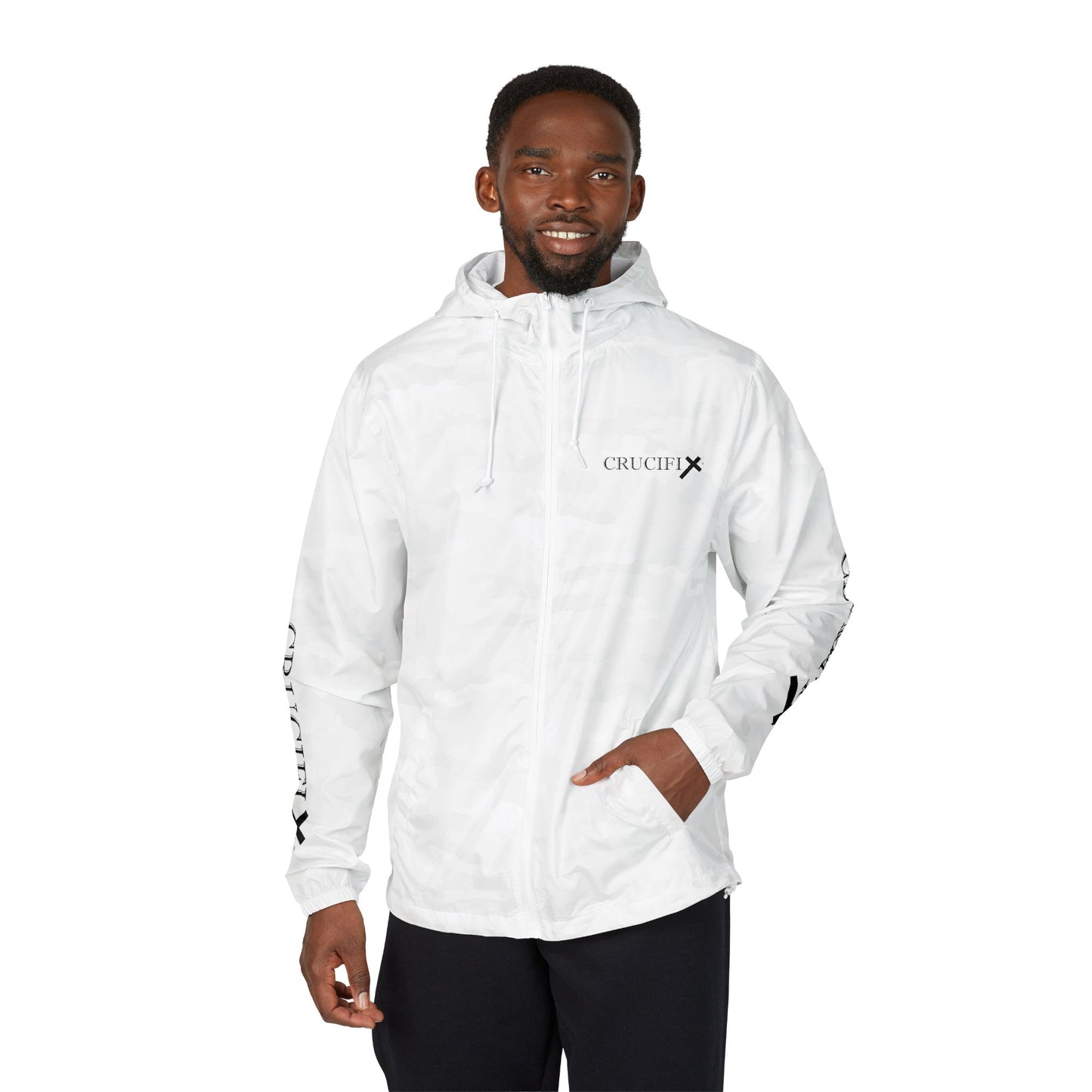 Crucifix Cross Windbreaker Jacket – Christian Streetwear with Sleeve & Back Graphic