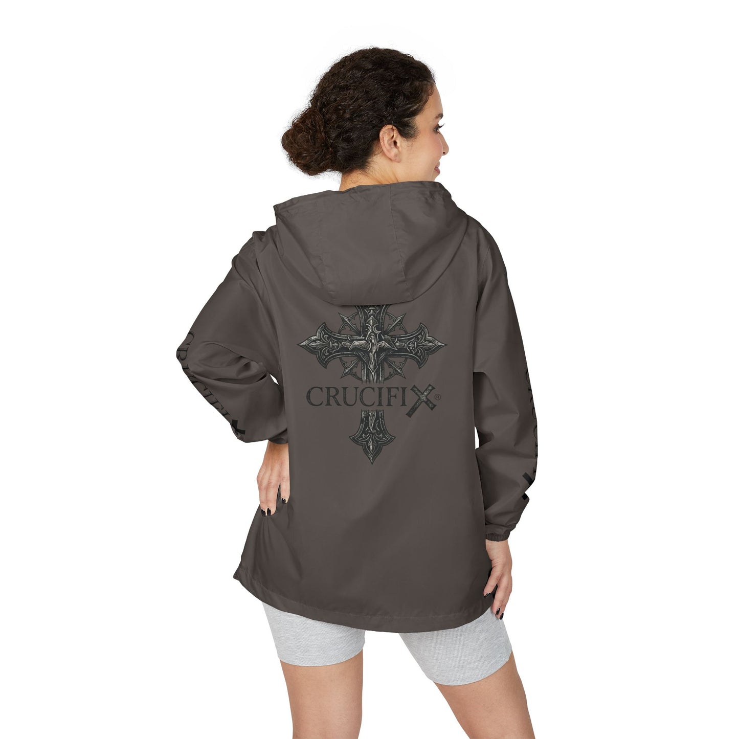 Crucifix Cross Windbreaker Jacket – Christian Streetwear with Sleeve & Back Graphic