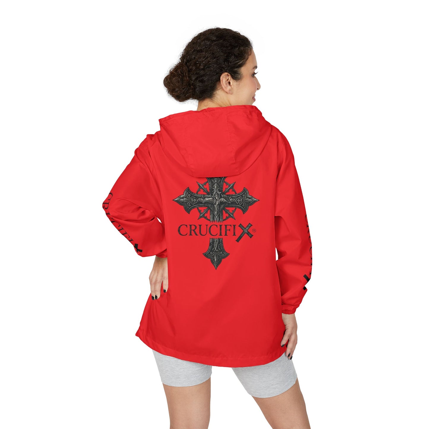 Crucifix Cross Windbreaker Jacket – Christian Streetwear with Sleeve & Back Graphic