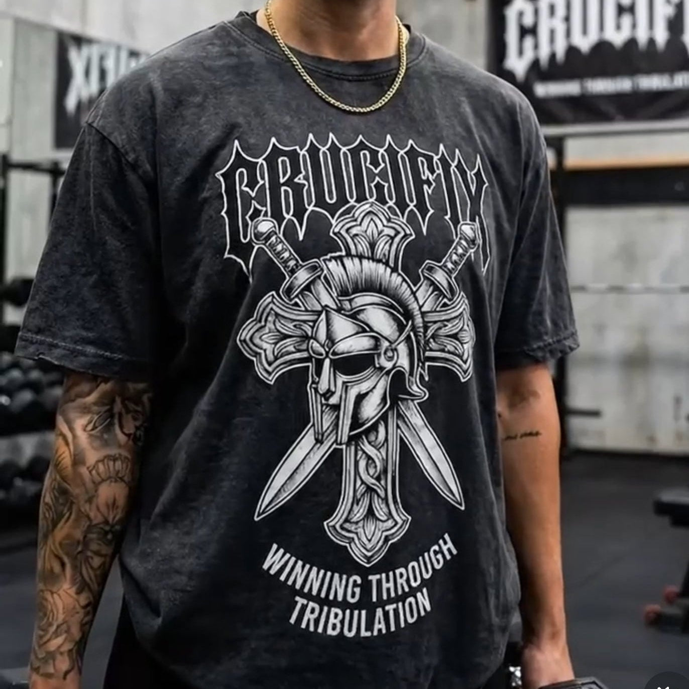 CRUCIFIX Winning Through Tribulation Christian Warrior Graphic Tee