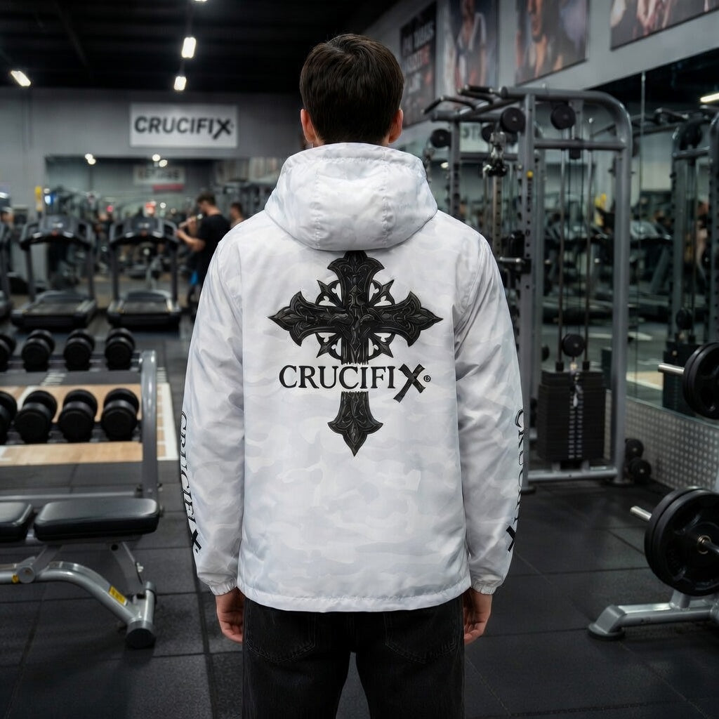 Crucifix Cross Windbreaker Jacket – Christian Streetwear with Sleeve & Back Graphic