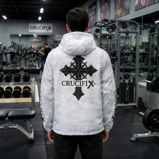 Crucifix Cross Windbreaker Jacket – Christian Streetwear with Sleeve & Back Graphic