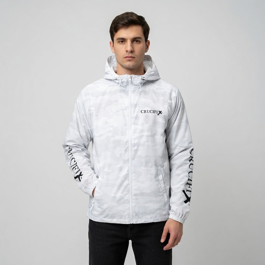Crucifix Cross Windbreaker Jacket – Christian Streetwear with Sleeve & Back Graphic